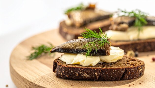 Rustic dark bread with smoked sprat. Delicious kiluv&otilde;ileib open sandwich topped with baltic fish, butter spread, and green dill garnish.