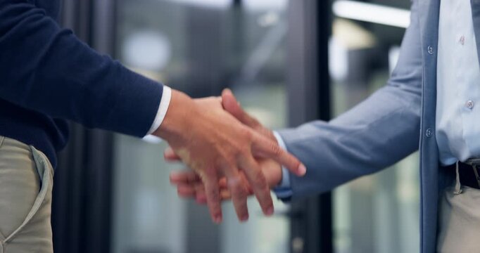 Business, agreement and hands of people with handshake for finance deal, merger and partnership. Corporate, collaboration and workers with gesture for financial venture, investment and negotiation
