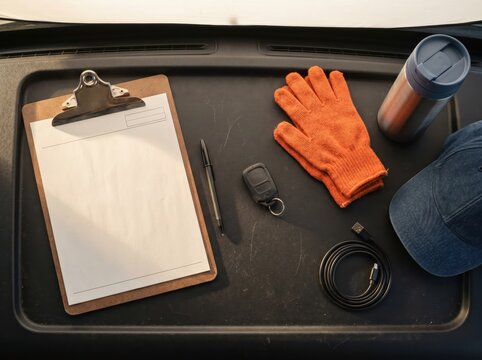 board with blank paper pen car key orange gloves denim cap logistics operations