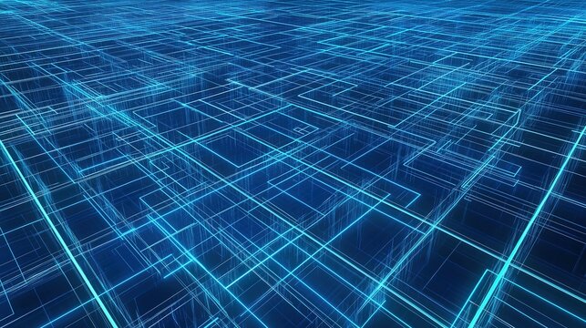 Futuristic tech abstract art, glowing blue and white lines form complex cuboid structure network, dark blue gradient black background, overlapping cross lines creating depth and motion, digital city a