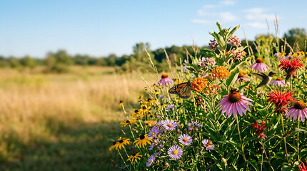 Naklejka premium Wildflowers in a summer meadow with butterfly and hummingbird
