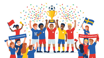 Fototapeta premium Cheering football fans holding up world cup trophy in victory celebration