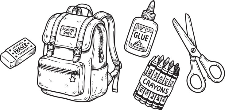 School supplies doodle collection including backpack and stationery with back to school bag pencil case