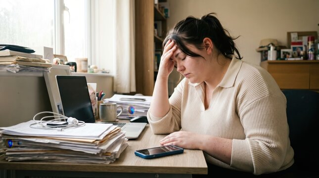 Stressed woman sitting at desk with paperwork and laptop business analytics