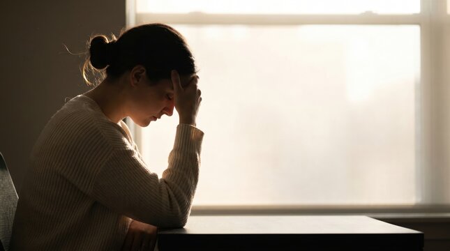 Woman silhouette head in hands sitting at table mental health depression stress