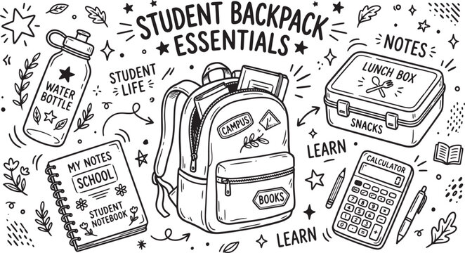 Student backpack essentials hand drawn school supplies doodle set with water bottle black and white back to schoo