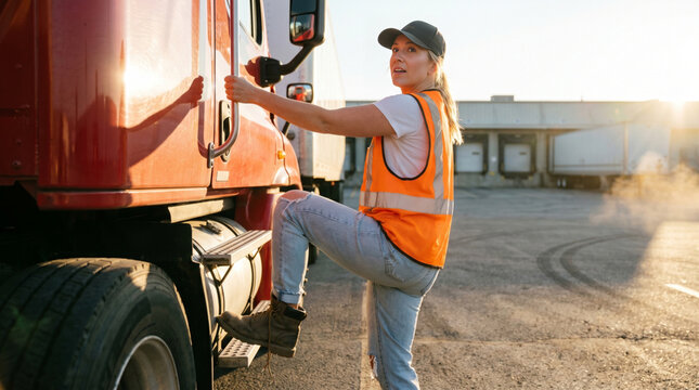 female truck driver climbing into red semi-truck cab warehouse logistics supply-chain