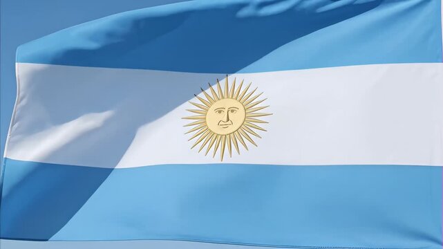 Flag of Argentina waving gently against clear blue sky, showing bright blue and white stripes with yellow Sun of May symbol at center July 9th is Argentina's Independence Day.
