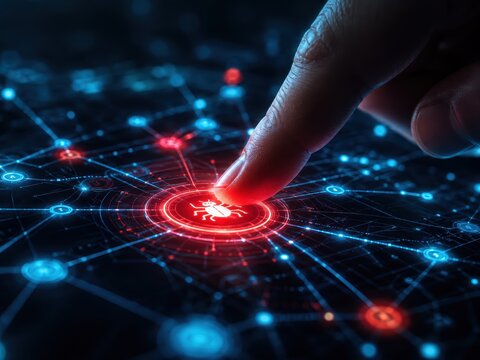Cyber Security Threat: A close-up shot of a human finger pressing a glowing red button depicting a bug icon.