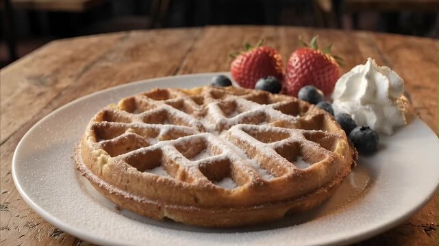 Delicious golden-brown waffle on white plate with fresh strawberries, blueberries, and whipped cream, powdered sugar falling, sweet breakfast or dessert, July 21 is Belgium's National Day.