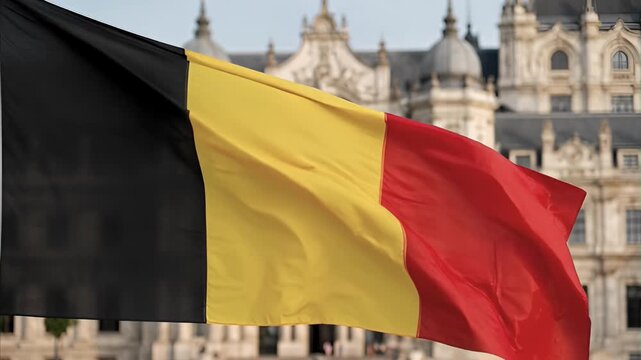 Belgian flag, black yellow red, waving proudly in wind against majestic ornate building facade, symbol of nation identity and patriotism for Belgium, July 21 is Belgium's National Day.
