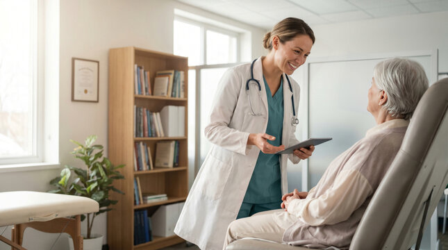 Female doctor with tablet consulting senior patient in clinic medical