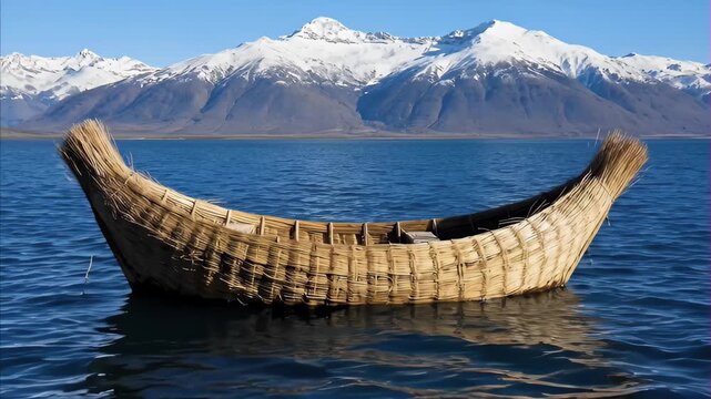 Empty traditional reed boat floats peacefully on vast expanse of calm water of large lake with majestic snow-capped mountains towering under clear blue sky. August 6 Bolivia's Independence Day