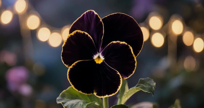 Velvet Black Pansy with Gold Edges in Twilight Garden with Soft Fairy Lights