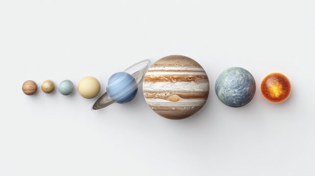 Horizontal alignment of solar system planets with labeled distances, clean white background