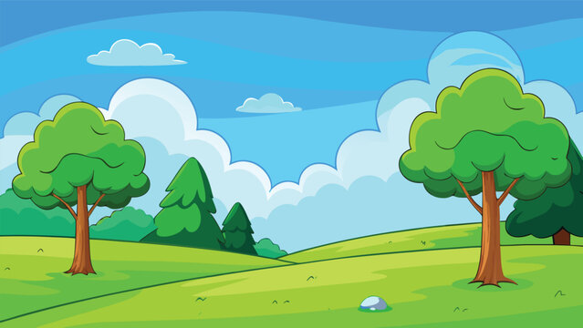Lush green landscape with rolling hills during daytime with stylized trees and fluffy clouds in a vibrant vector illustration