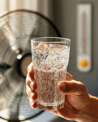 Hand holding a glass of ice water near an electric fan during a summer heatwave, representing hydration, cooling and heat safety at home © Ekaterina Pokrovsky