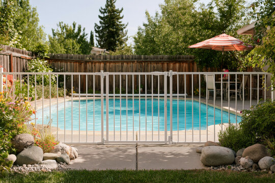 Backyard swimming pool secured with a white safety fence, representing home pool safety, child protection and drowning prevention during summer