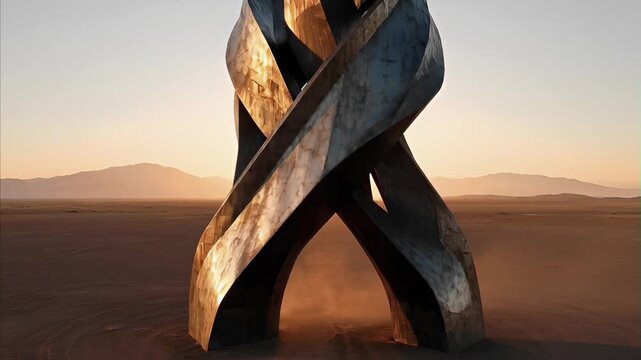 Abstract metallic sculpture stands tall in vast desert landscape at sunset, long shadows stretching across flat ground, dramatic light on twisting art installation Burning Man USA