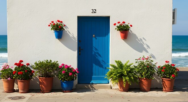 Coastal Home Facade with Blue Door, Number 32, and Potted Flowers