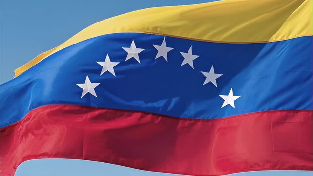 Venezuela flag waving bright blue sky, displaying national colors yellow, blue, red, eight white stars arc formation, symbolizing national pride, celebration of Venezuela's Independence Day.
