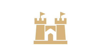 A minimalist tan castle icon with two towers and flags. © Kamsiyah_Bintimawadi