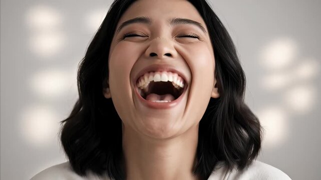 Young Asian woman headshot smiling heartily then laughing with eyes closed, expressing joy and humor. This moment celebrates International Joke Day.