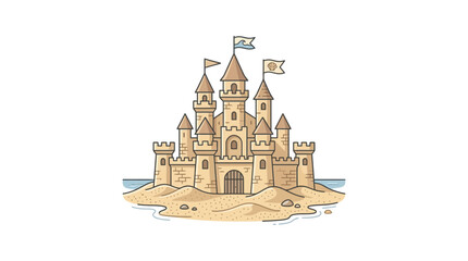 Detailed illustration of a majestic sandcastle standing on a beach. © Kamsiyah_Bintimawadi
