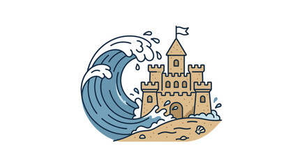 A hand drawn illustration of a sandcastle being hit by a large ocean wave. © Kamsiyah_Bintimawadi