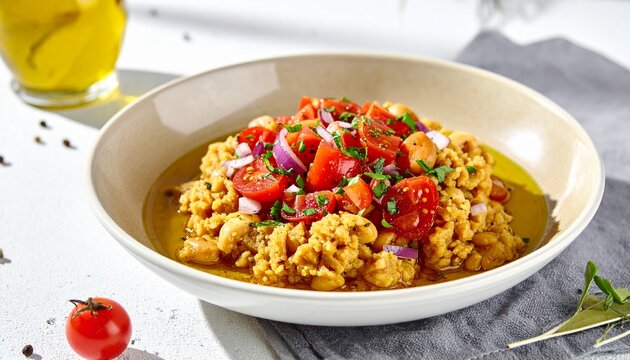 Fava bean dip. Traditional Middle Eastern Foul Mudammas beautifully mashed and topped with fresh juicy tomatoes, red onions, and rich premium olive oil for a healthy vegan breakfast presentation.