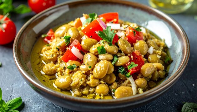 Traditional fava bean dip. Classic middle eastern foul mudammas breakfast dish featuring cooked whole fava beans heavily garnished with fresh diced tomatoes, herbs, and premium olive oil.