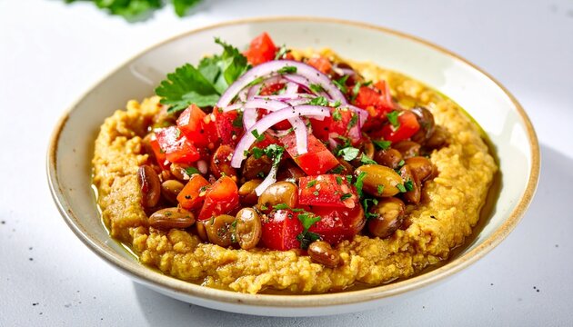 Spiced fava bean stew. Authentic egyptian foul mudammas beautifully plated in a shallow bowl, topped with freshly chopped red onions, juicy tomatoes, green parsley, and a generous olive oil drizzle.