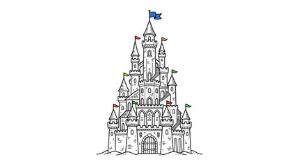 Detailed hand drawn illustration of a majestic fairytale castle with multiple towers and flags. © Kamsiyah_Bintimawadi