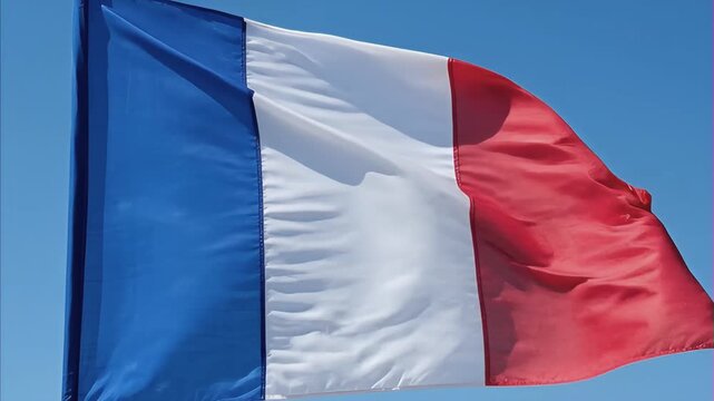 French flag proudly waves against clear blue sky, tricolor design of blue, white, and red stripes symbolizing national identity and liberty of France on July 14 Bastille Day France