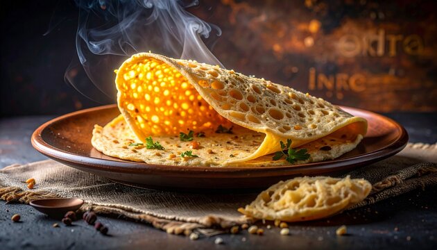 Thin crispy flatbread, Authentic south indian appam or dosa porous crepe glowing under warm light.