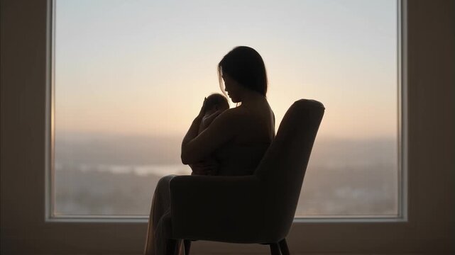 Young mother gently embracing newborn baby in warm light of sunset, sitting in chair next to large window, showing silhouette of care and love World Breastfeeding Day