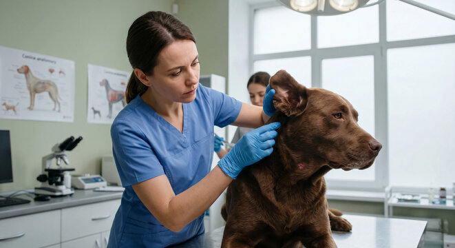 Female veterinarian in gloves examining a brown labrador dog's ear and neck in a clinic