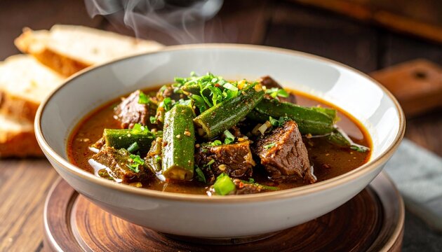 Savory okra stew, Authentic louisiana gumbo with tender meat chunks and fresh green okra slices in rich broth.