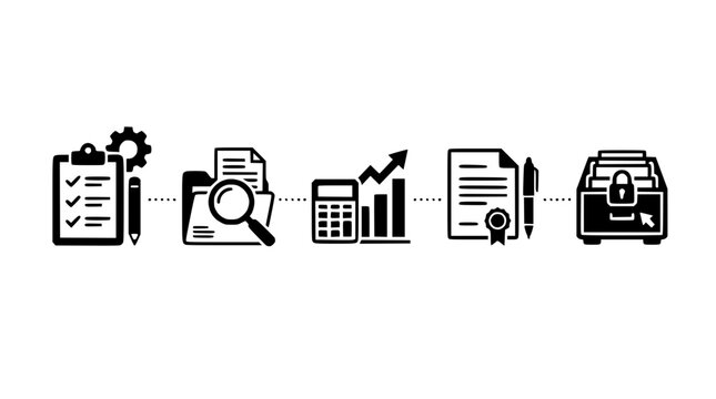 Audit process icons illustrate business operations and financial documentation review