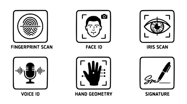 Biometric authentication icons display fingerprint, face ID, iris scan, voice ID, hand geometry, and signature methods.