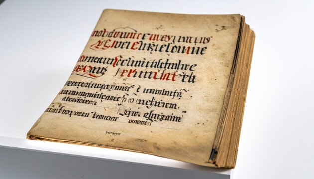 Fragment of an illuminated medieval manuscript displaying intricate Latin text and vibrant red embellishments on aged parchment.