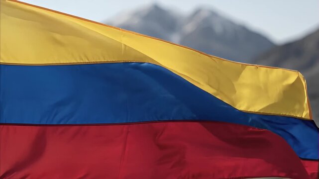 Colombian flag waving proudly with vibrant colors under blue sky, majestic mountain landscape background, representation of national pride July 20 Colombia's Independence Day