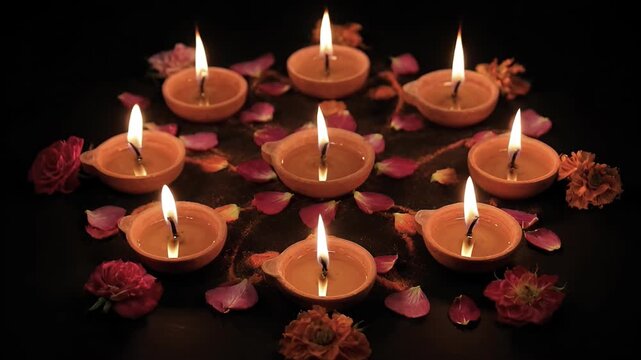 Lit clay oil lamps arranged in circular pattern with colorful flower petals and powder on dark background, traditional festive decoration, spiritual offering Krishna Janmashtami Hinduism, movable feas