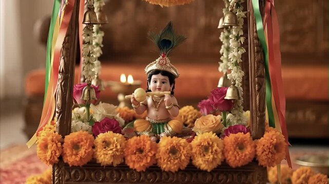 Ornate swing decorated with marigolds and roses, statue of baby Krishna adorned with crown and peacock feather, holding flute, signifying Hindu festival celebration of Janmashtami