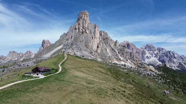 Aerial view of Mount Ra Gusela on Giau Pass in the dolomites