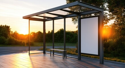 Fototapeta premium Modern glass and metal shelter on a sunlit roadside with trees
