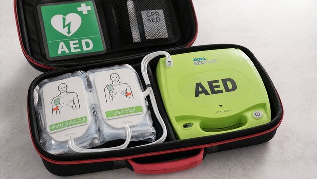 aed. An open emergency case with a green AED unit, electrode pads, and cables. travel magazines, destination branding, designed for outdoor magazines and nature guides, used by PR specialists.
