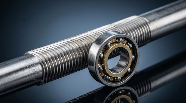 A close-up of a metallic threaded rod and a ball bearing