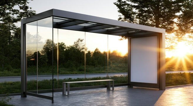 Modern glass bus stop shelter with bench, empty ad panel, sunset light
