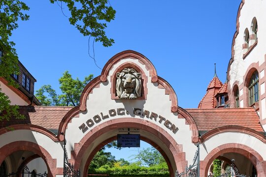 Leipzig, Germany - 25. May 2026: Zoologischer Garten entrance arch with lion sculpture